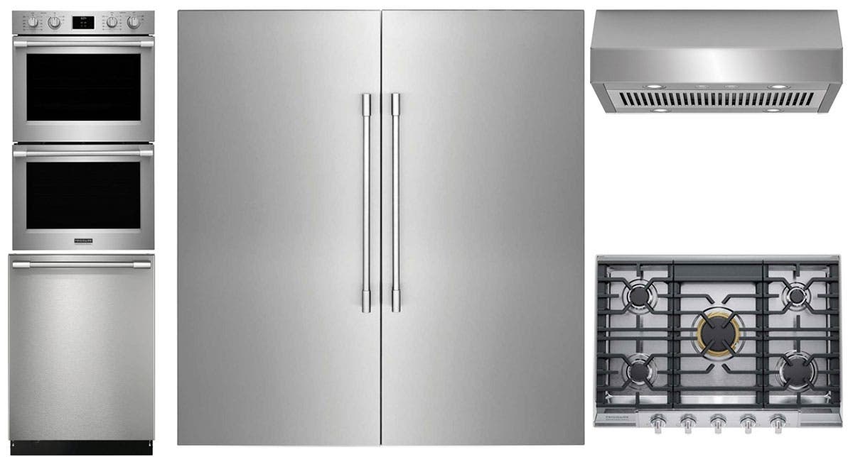 6 Piece Professional Series Stainless Steel Kitchen Package with 33" Column Refrigerator, 33" Freezer, 30" Gas Cooktop, 30" 10.6 cu. ft. Electric Double Wall Oven, 24" Dishwasher and 30" Wall-Mount Hood