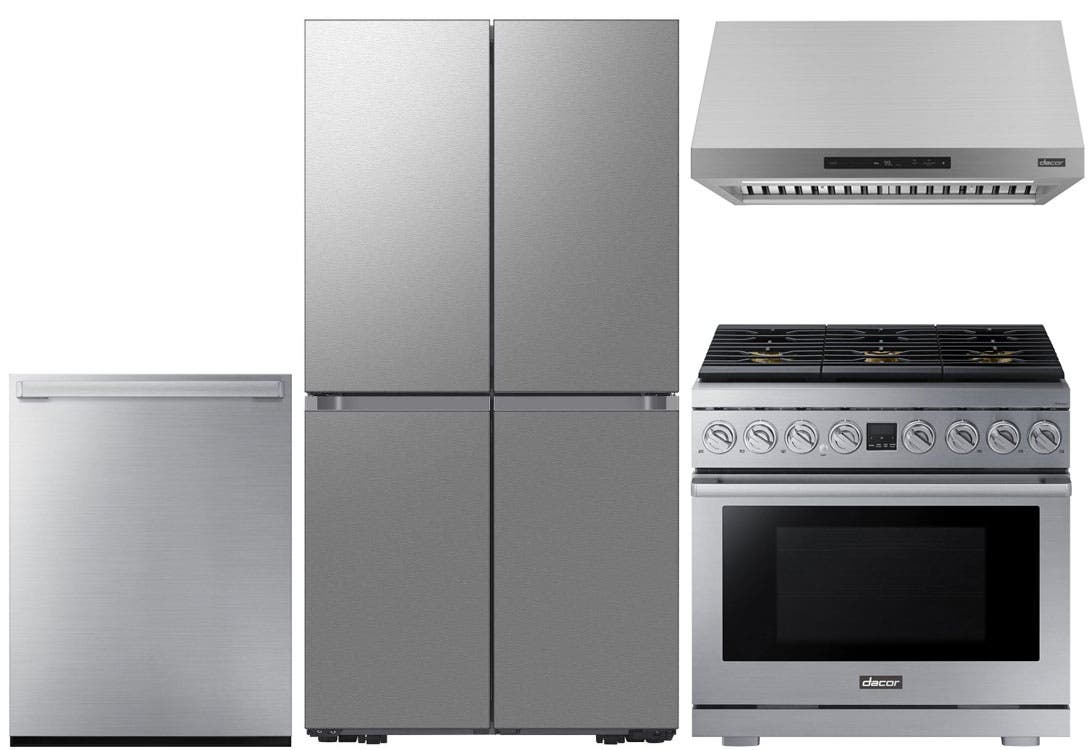 4 Piece Stainless Steel Kitchen Package with 36" Counter Depth French Door Refrigerator, 36" Gas Range, 24" Fully Integrated Dishwasher and 36" Wall-Mount Hood