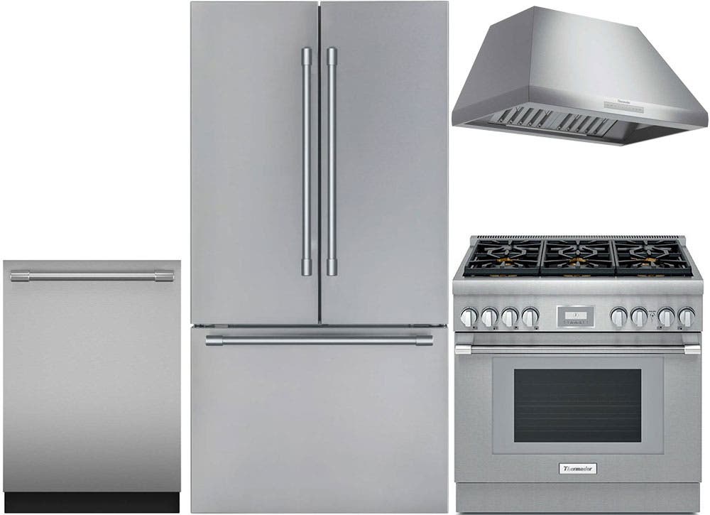4 Piece Stainless Steel Kitchen Package with 36" Counter Depth French Door Refrigerator, 36" Slide-In Gas Range, 24" Dishwasher and 36" Wall-Mount Hood