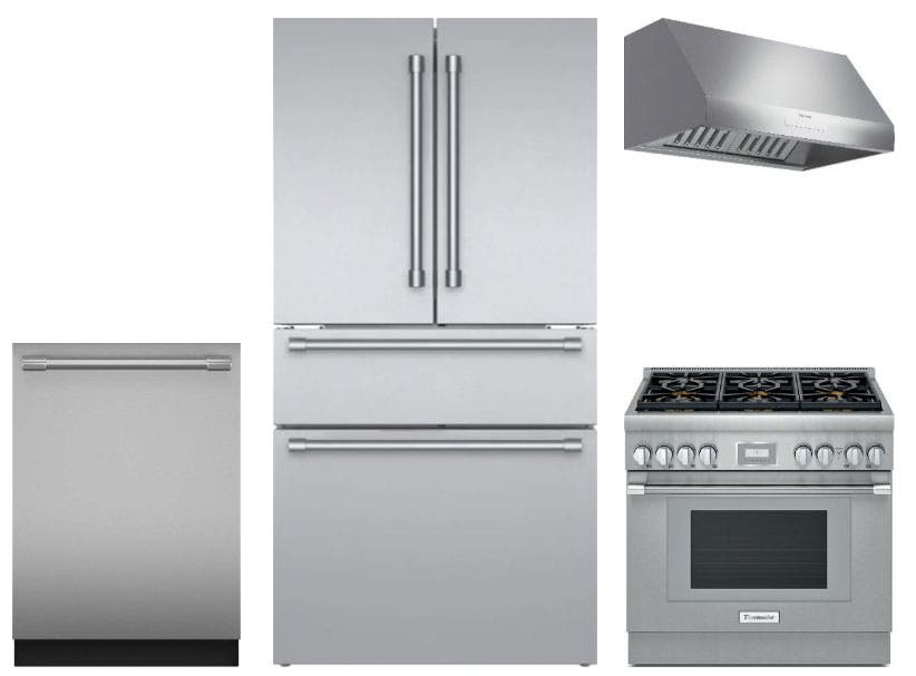 4 Piece Stainless Steel Kitchen Package with 36" Counter Depth French Door Refrigerator, 36" Slide-In Gas Range, 24" Dishwasher and 36" Wall-Mount Hood