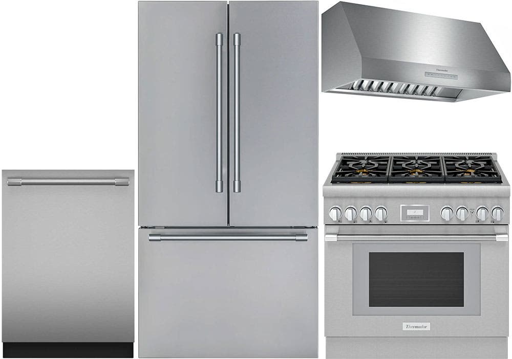 4 Piece Stainless Steel Kitchen Package with 36" Counter Depth French Door Refrigerator, 36" Slide-In Gas Range, 24" Dishwasher and 36" Wall-Mount Hood