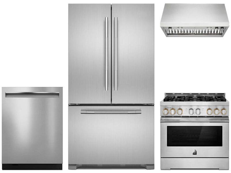4 Piece RISE™ Stainless Steel Kitchen Package with 36" Counter Depth French Door Refrigerator, 36" Gas Range, 24" Dishwasher and 36" Wall-Mount Hood