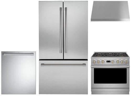 4 Piece Professional Collection Stainless Steel Kitchen Package with 36" Counter Depth French Door Refrigerator, 36" Gas Range, 24" Fully Integrated Dishwasher and 36" Chimney Hood