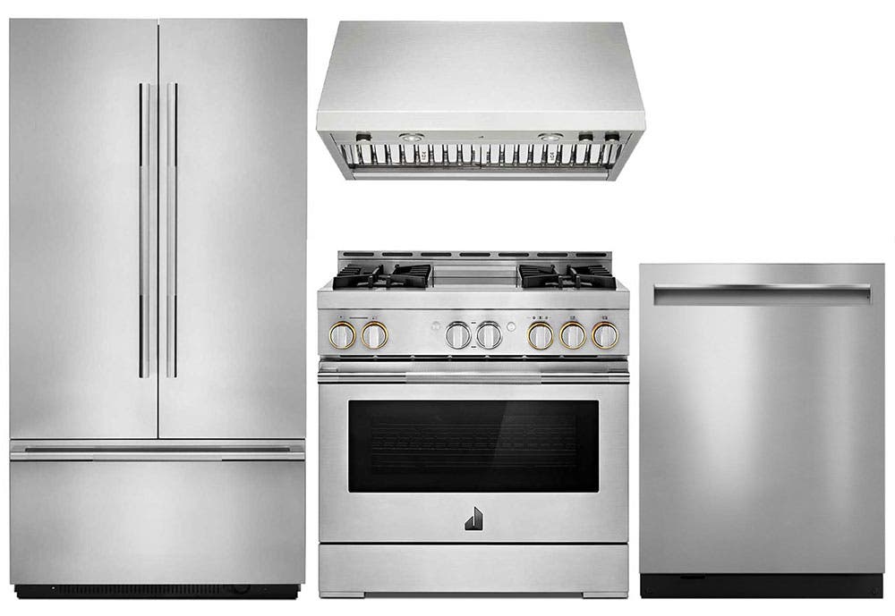 4 Piece RISE™ Stainless Steel Kitchen Package with 42" Counter Depth French Door Refrigerator, 36" Gas Range, 24" Dishwasher and 36" Wall-Mount Hood