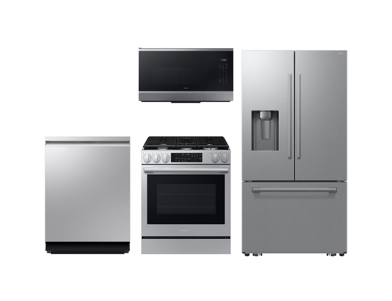 Bespoke Kitchen Package with AI 3-Door French Door Fridge, Slide-In Gas Range, Smart Dishwasher & Over-the-Range Microwave in Stainless Steel