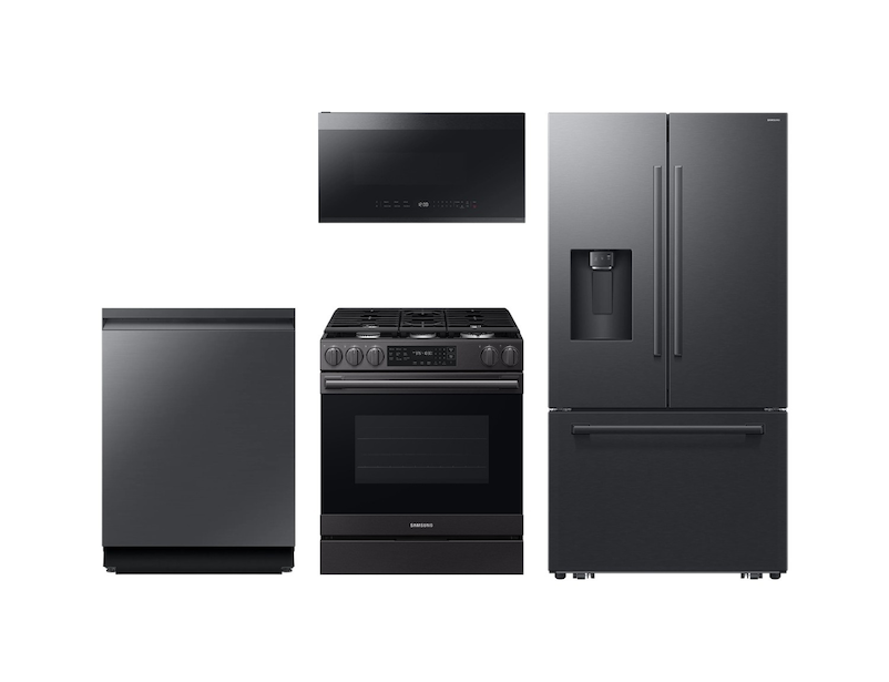 Bespoke Kitchen Package with AI 3-Door French Door Fridge, Slide-In Gas Range, Smart Dishwasher & Over-the-Range Microwave in Matte Black Steel