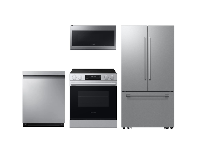 Bespoke Kitchen Package with AI 3-Door French Door Fridge, Slide-In Electric Range, Smart Dishwasher & Over-the-Range Microwave in Stainless Steel