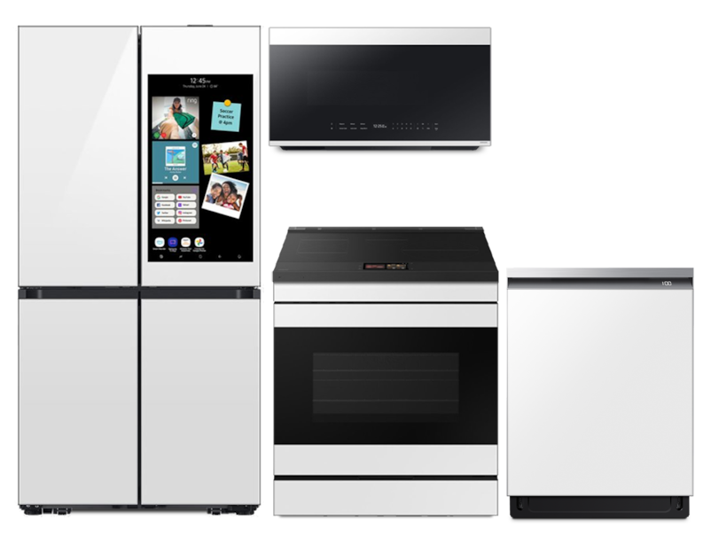 4 Piece White Kitchen Package with 36" Counter Depth French Door Refrigerator, 30" Slide-In Induction Range, 24" Dishwasher and 2.1 cu. ft. Over-the-Range Microwave