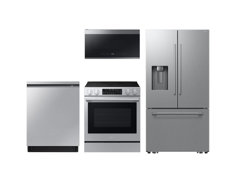 Bespoke Kitchen Package with AI 3-Door French Door Fridge, Slide-In Electric Range, Smart Dishwasher & Over-the-Range Microwave in Stainless Steel