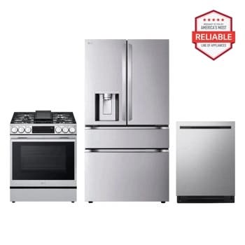 29 cu. ft. Smart Standard-Depth MAX™ 4-Door French Door Refrigerator with Slide-in Gas Range and FlushFit™ Top Control Dishwasher Kitchen Package in Stainless Steel