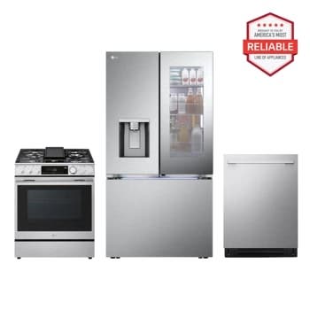 26 cu. ft. Counter-Depth Instaview Craft Ice French Door Refrigerator with Slide-in Gas Range and Top Control Dishwasher Kitchen Package in Stainless Steel