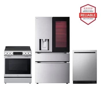 29 cu. ft. Smart InstaView® Door-in-Door® Standard-Depth MAX™ 4-Door French Door Refrigerator with Slide-in Electric Range and FlushFit™ Top Control Dishwasher Kitchen Package in Stainless Steel