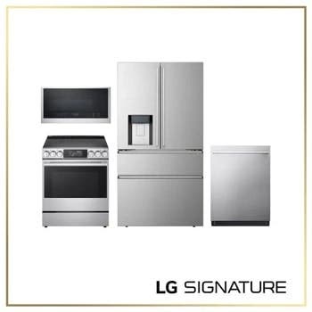 LG SIGNATURE Iconic Kitchen Package with 22 cu. ft. 4-Door French Door Refrigerator, Slide-in Induction Range, 24" Top Control Dishwasher and Convection Microwave Oven in Stainless Steel
