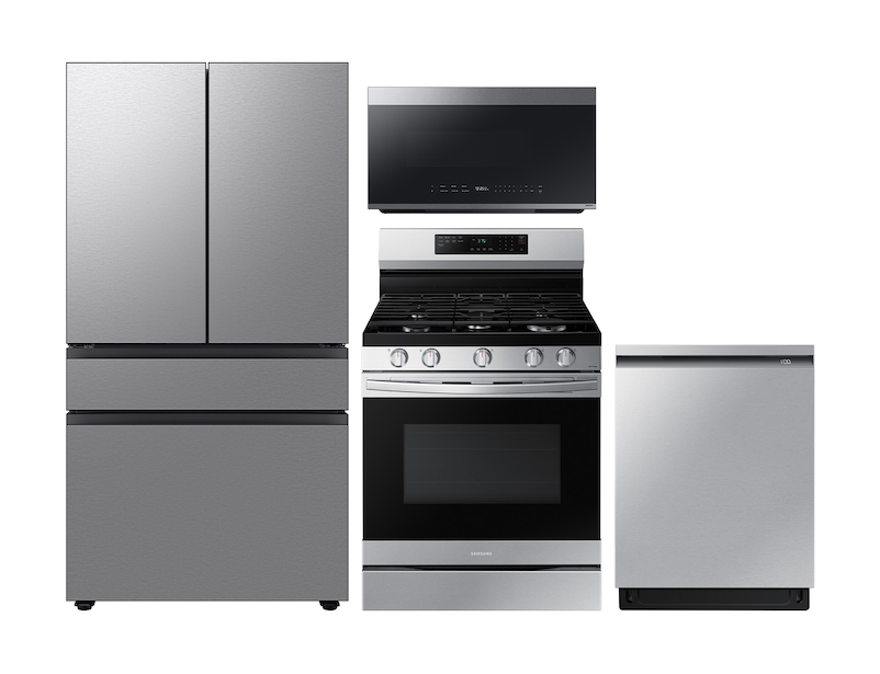 Bespoke Kitchen Package with 4-Door French Full Depth Fridge Freestanding Gas Range Smart Dishwasher Microwave in Stainless Steel