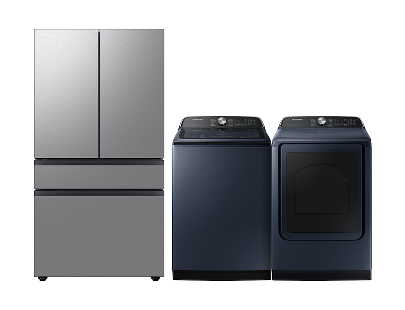 Bespoke Home Appliance Package with 4-Door French Door Fridge and Top Load Washer & Electric Dryer