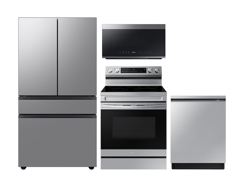 Bespoke Kitchen Package with 4-Door French Door Fridge Freestanding Electric Range Dishwasher Microwave in Stainless Steel