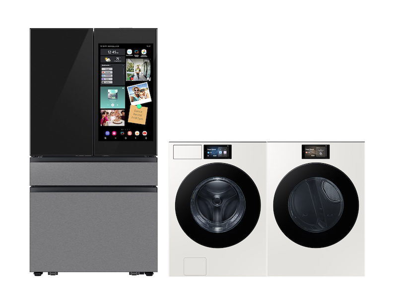 Bespoke Home Appliance Package with  4-Door French Door Fridge and AI 5.3 cu. ft. Front Load Washer & 7.6 cu. ft. Electric Dryer