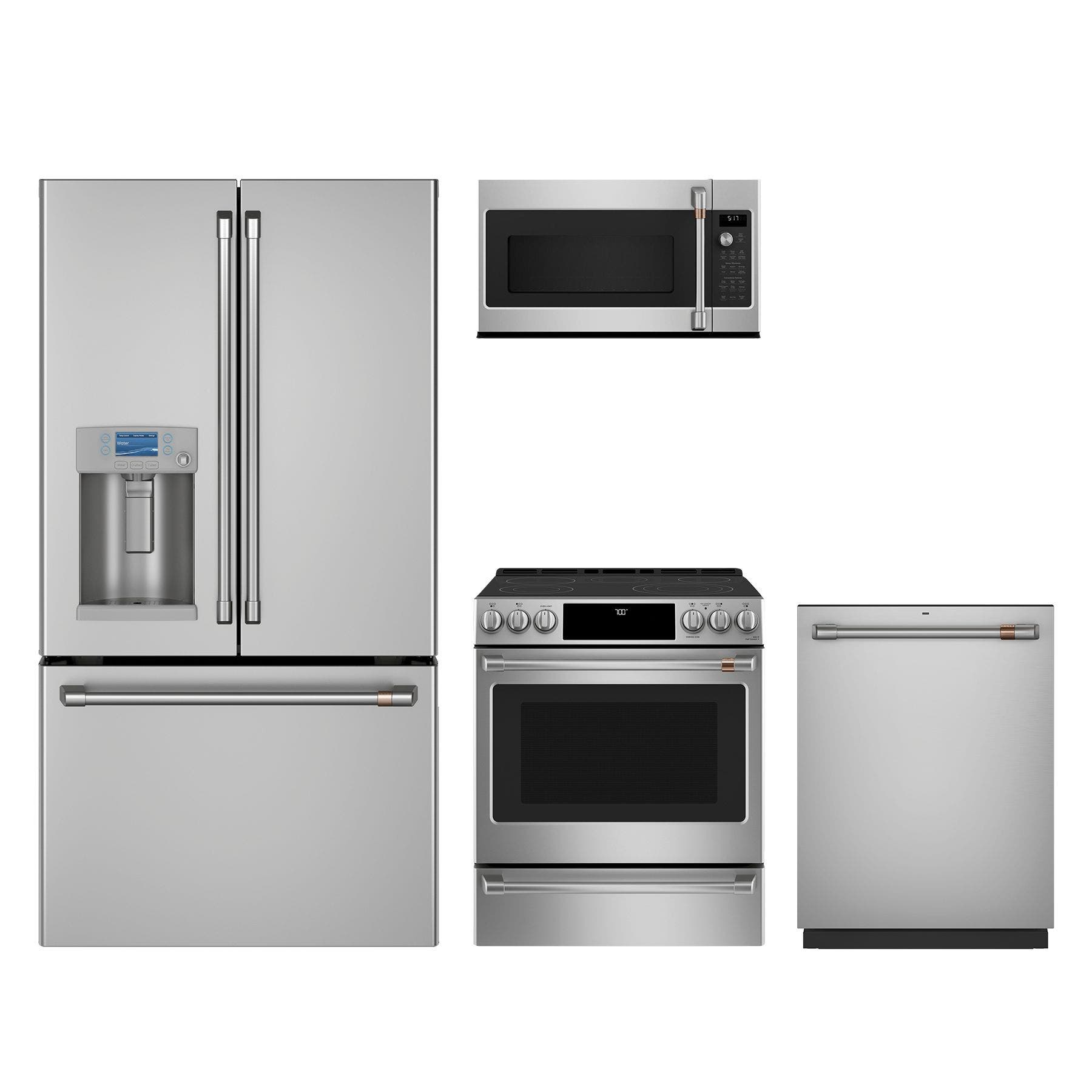 4 Piece Professional Collection Stainless Steel Kitchen Package with 36" French Door Refrigerator, 30" Slide-In Electric Range, 24" Dishwasher and 30" 2.1 cu. ft. Over-the-Range Microwave