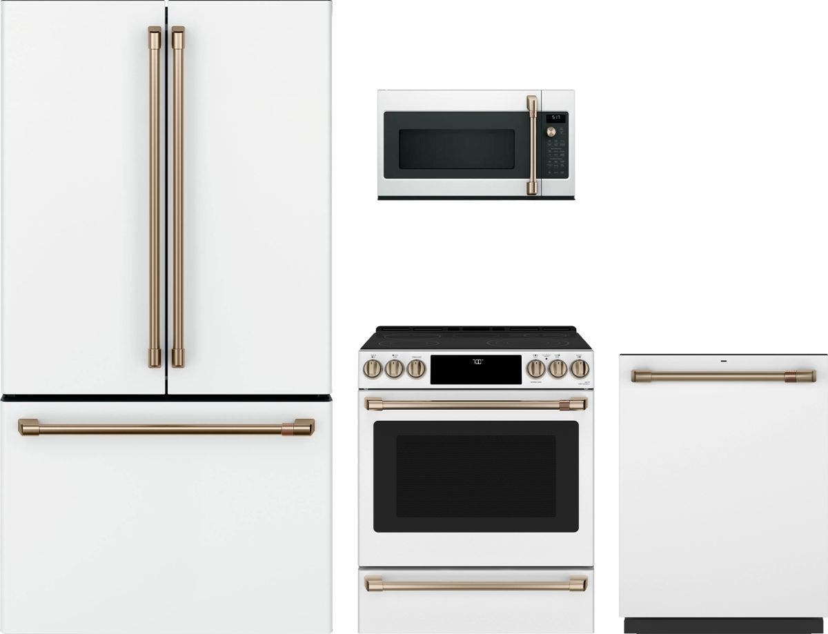4 Piece Professional Collection Matte White Kitchen Package with 36" Counter Depth French Door Refrigerator, 30" Slide-In Electric Range, 24" Dishwasher and 30" 1.7 cu. ft. Over-the-Range Microwave