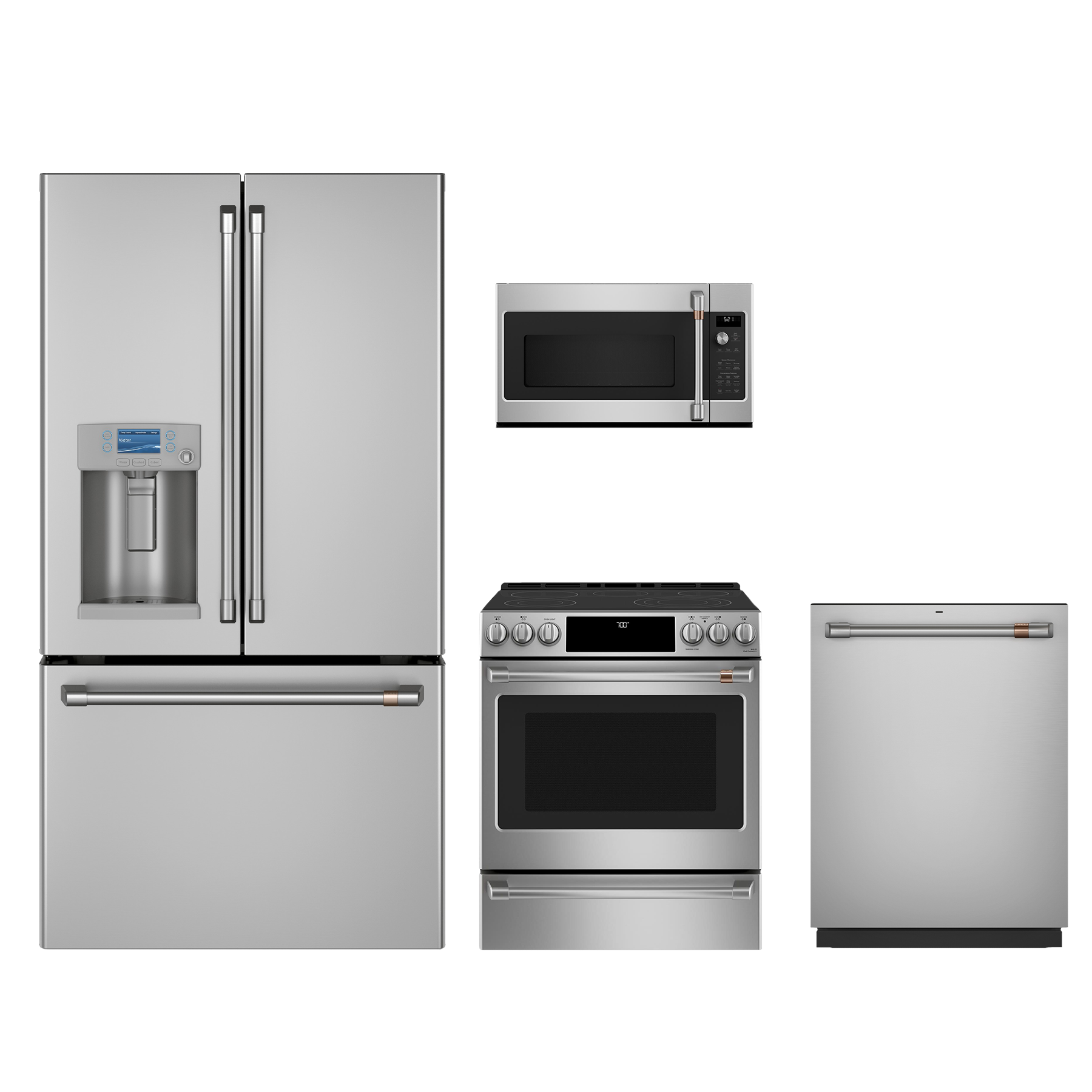 4 Piece Professional Collection Stainless Steel Kitchen Package with 36" Counter Depth French Door Refrigerator, 30" Slide-In Electric Range, 24" Dishwasher and 30" 2.1 cu. ft. Over-the-Range Microwave