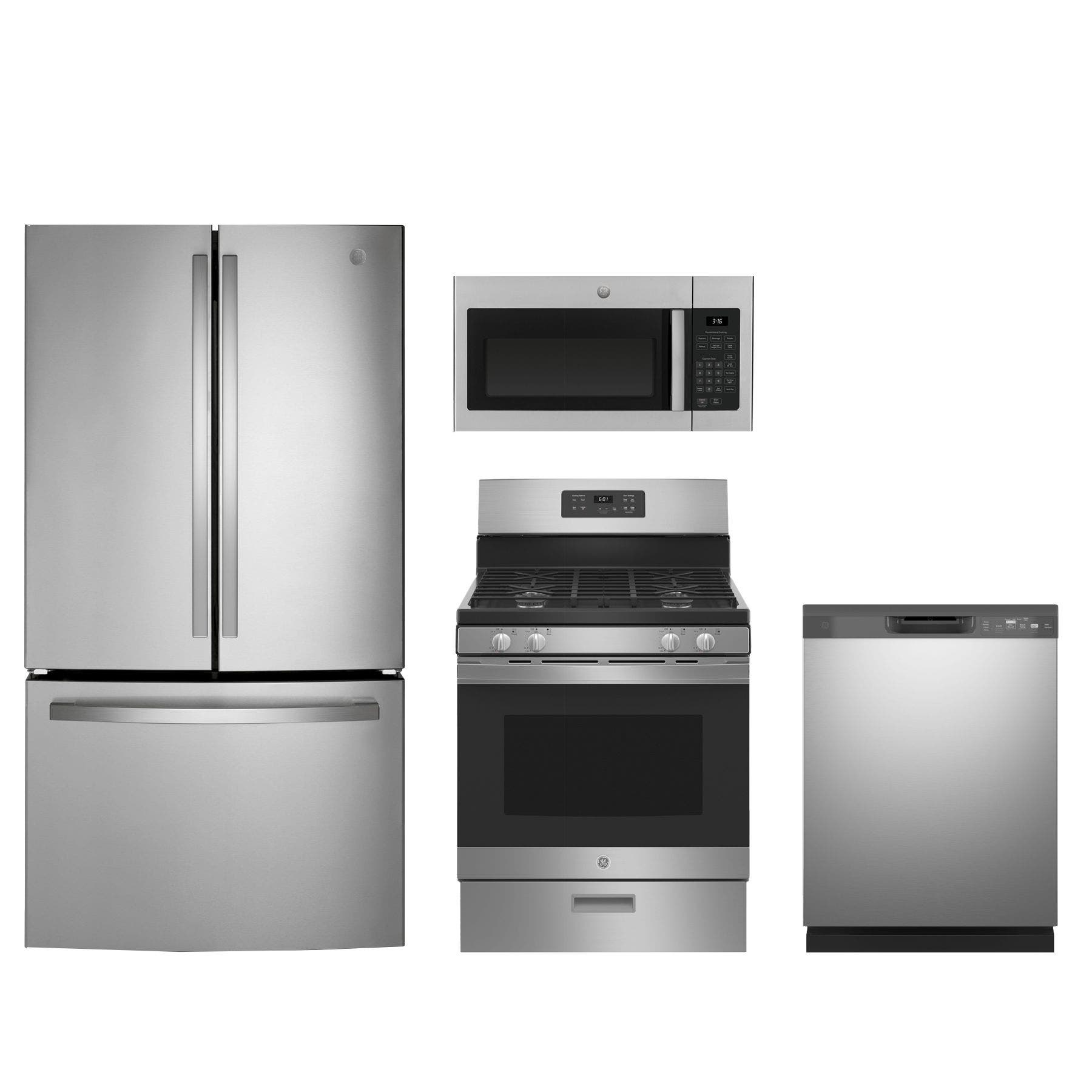 4 Piece Stainless Steel Kitchen Package with 36" French Door Refrigerator, 30" Gas Range, 24" Fully Integrated Dishwasher and 30" 1.6 cu. ft. Over-the-Range Microwave