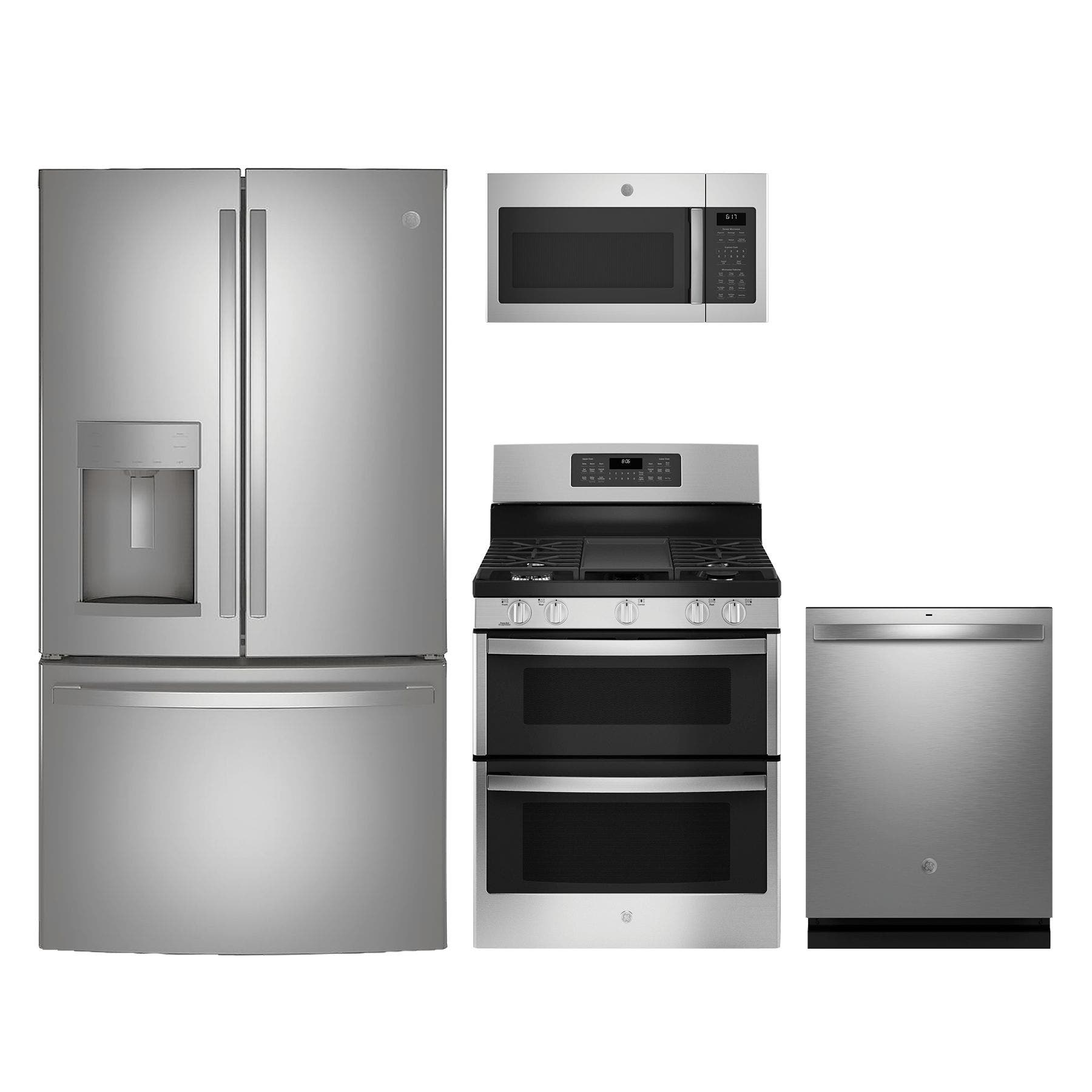 4 Piece Stainless Steel Kitchen Package with 36" French Door Refrigerator, 30" Gas Range, 24" Dishwasher and 30" 1.7 cu. ft. Over-the-Range Microwave