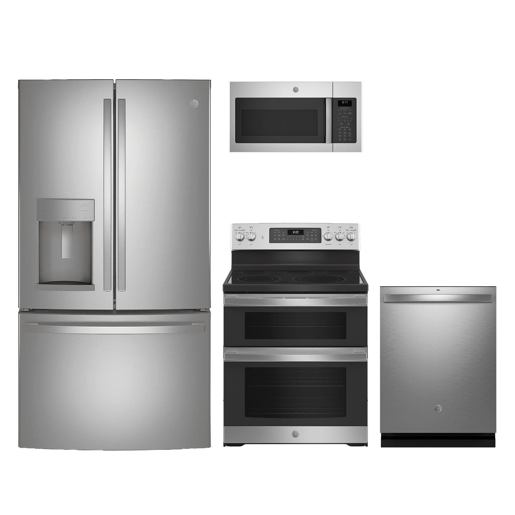4 Piece Stainless Steel Kitchen Package with 36" French Door Refrigerator, 30" Electric Range, 24" Dishwasher and 30" 1.7 cu. ft. Over-the-Range Microwave