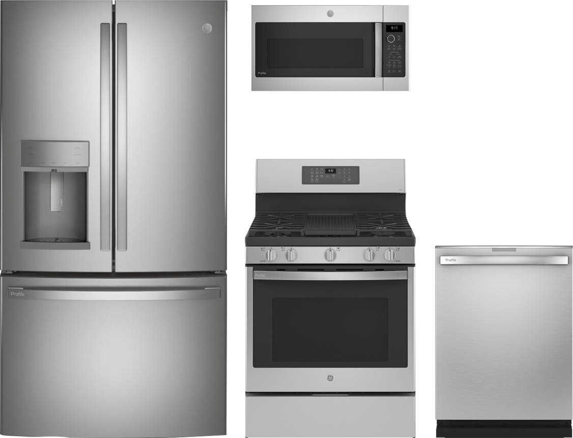 4 Piece Profile™ Stainless Steel Kitchen Package with 36" French Door Refrigerator, 30" Gas Range, 24" Dishwasher and 30" 1.7 cu. ft. Over-the-Range Microwave