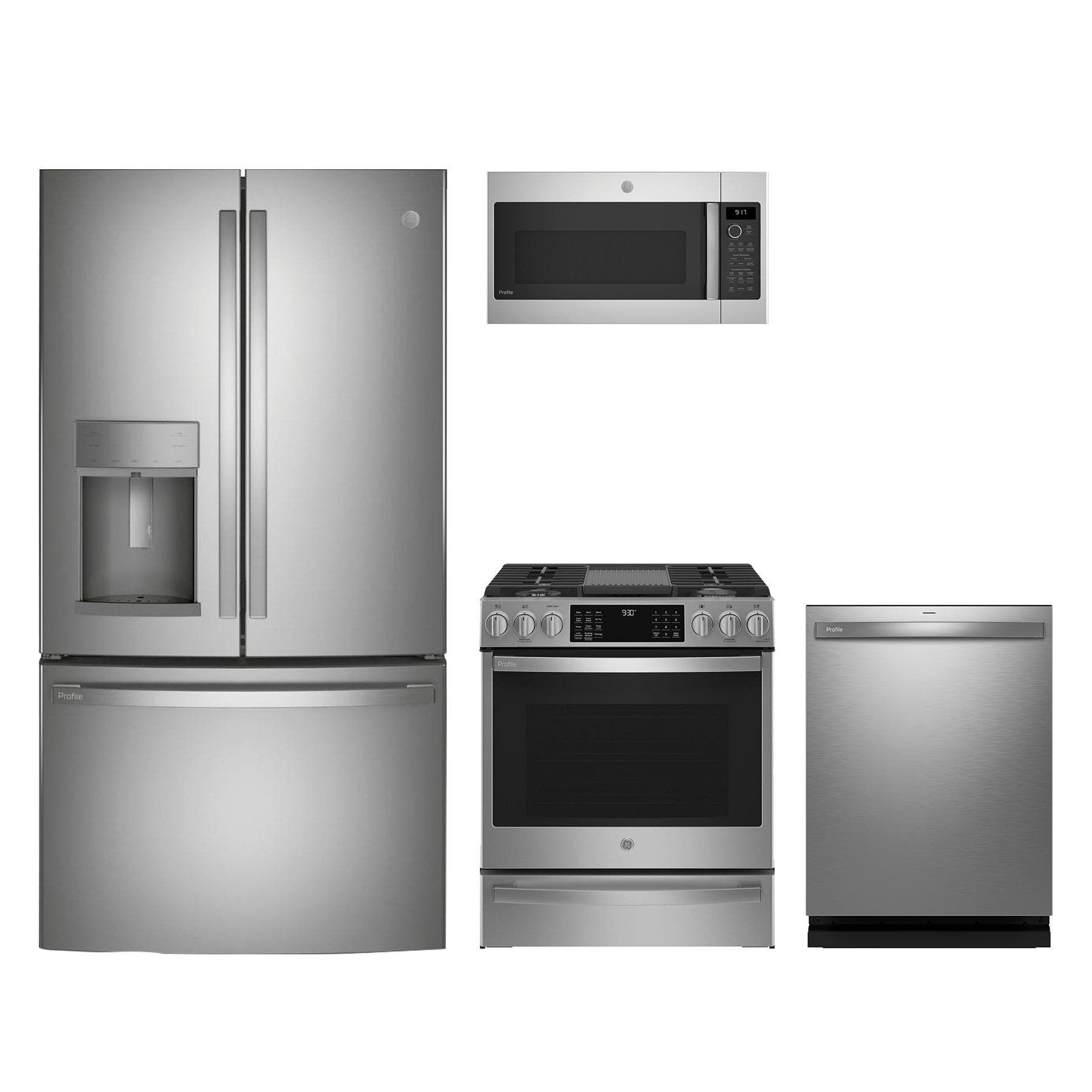 4 Piece Profile™ Stainless Steel Kitchen Package with 36" French Door Refrigerator, 30" Slide-In Gas Range, 24" Dishwasher and 30" 1.7 cu. ft. Over-the-Range Microwave