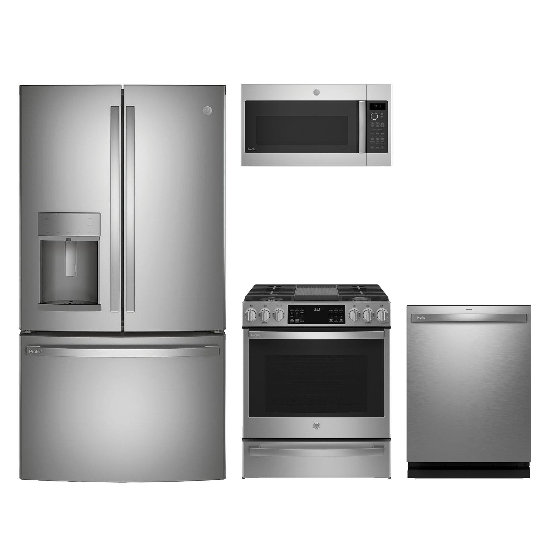 4 Piece Profile™ Stainless Steel Kitchen Package with 36" Counter Depth French Door Refrigerator, 30" Slide-In Gas Range, 24" Dishwasher and 30" 1.7 cu. ft. Over-the-Range Microwave