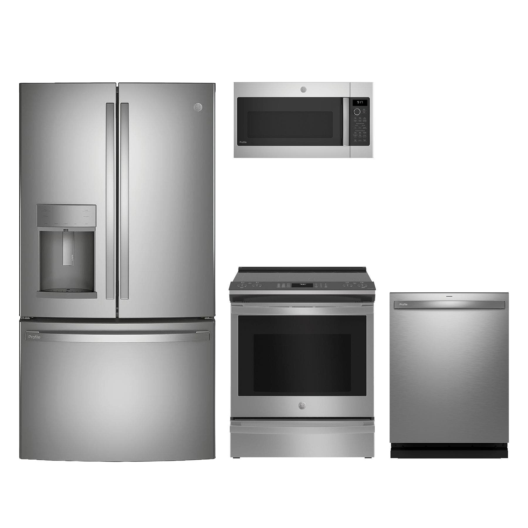 4 Piece Profile™ Stainless Steel Kitchen Package with 36" Counter Depth French Door Refrigerator, 30" Slide-In Electric Range, 24" Dishwasher and 30" 1.7 cu. ft. Over-the-Range Microwave