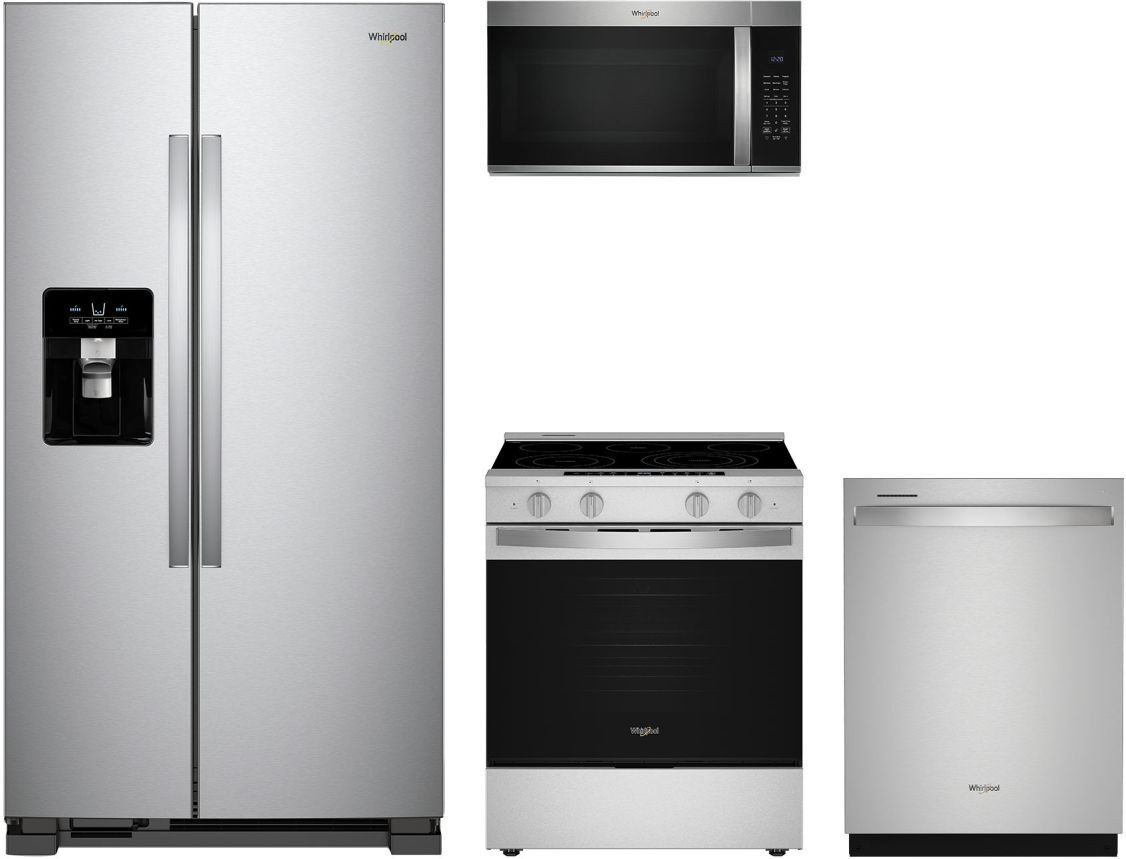 4 Piece Stainless Steel Kitchen Package with 36" Side-by-Side Refrigerator, 30" Slide-In Electric Range, 24" Dishwasher and 30" 1.9 cu. ft. Over-the-Range Microwave