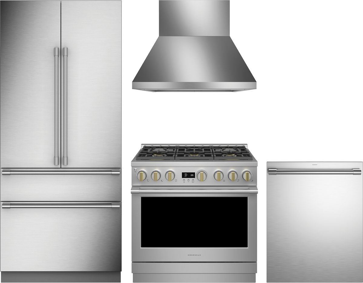 4 Piece Minimalist Collection Stainless Steel Kitchen Package with 36" Counter Depth French Door Refrigerator, 36" Dual Fuel Range, 24" Fully Integrated Dishwasher and 36" Wall-Mount Hood