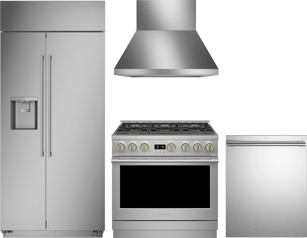 4 Piece Stainless Steel Kitchen Package with 36" Counter Depth Side-by-Side Refrigerator, 36" Gas Range, 24" Fully Integrated Dishwasher and 36" Wall-Mount Hood