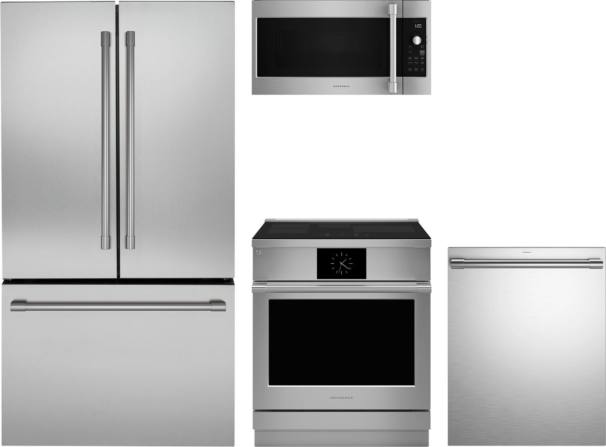 4 Piece Stainless Steel Kitchen Package with 36" Counter Depth French Door Refrigerator, 30" Slide-In Induction Range, 24" Fully Integrated Dishwasher and 30" 1.7 cu. ft. Over-the-Range Microwave
