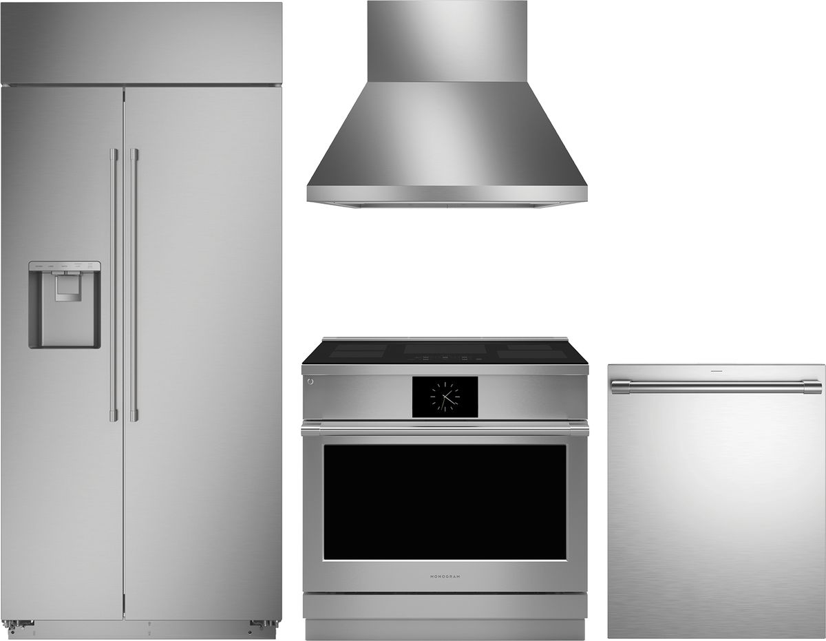 4 Piece Stainless Steel Kitchen Package with 36" Counter Depth Side-by-Side Refrigerator, 36" Slide-In Induction Range, 24" Fully Integrated Dishwasher and 36" Wall-Mount Hood