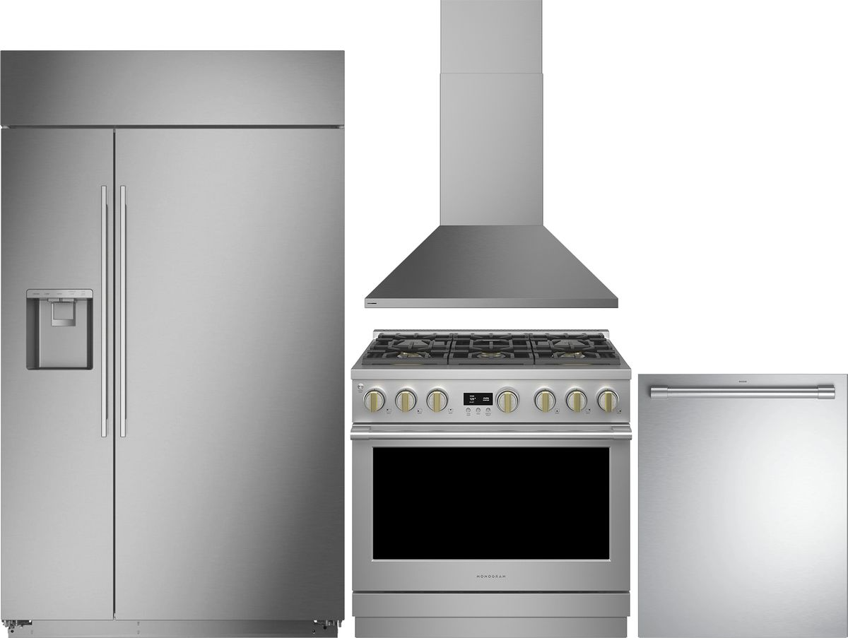 4 Piece Stainless Steel Kitchen Package with 48" Counter Depth Side-by-Side Refrigerator, 36" Dual Fuel Range, 24" Fully Integrated Dishwasher and 36" Chimney Hood