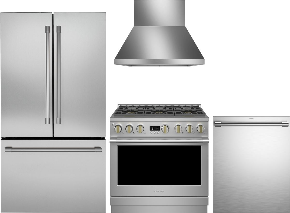4 Piece Stainless Steel Kitchen Package with 36" Counter Depth French Door Refrigerator, 36" Gas Range, 24" Fully Integrated Dishwasher and 36" Wall-Mount Hood