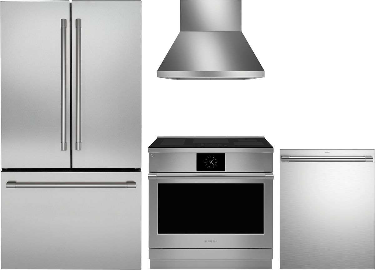 4 Piece Stainless Steel Kitchen Package with 36" Counter Depth French Door Refrigerator, 36" Slide-In Induction Range, 24" Fully Integrated Dishwasher and 36" Wall-Mount Hood