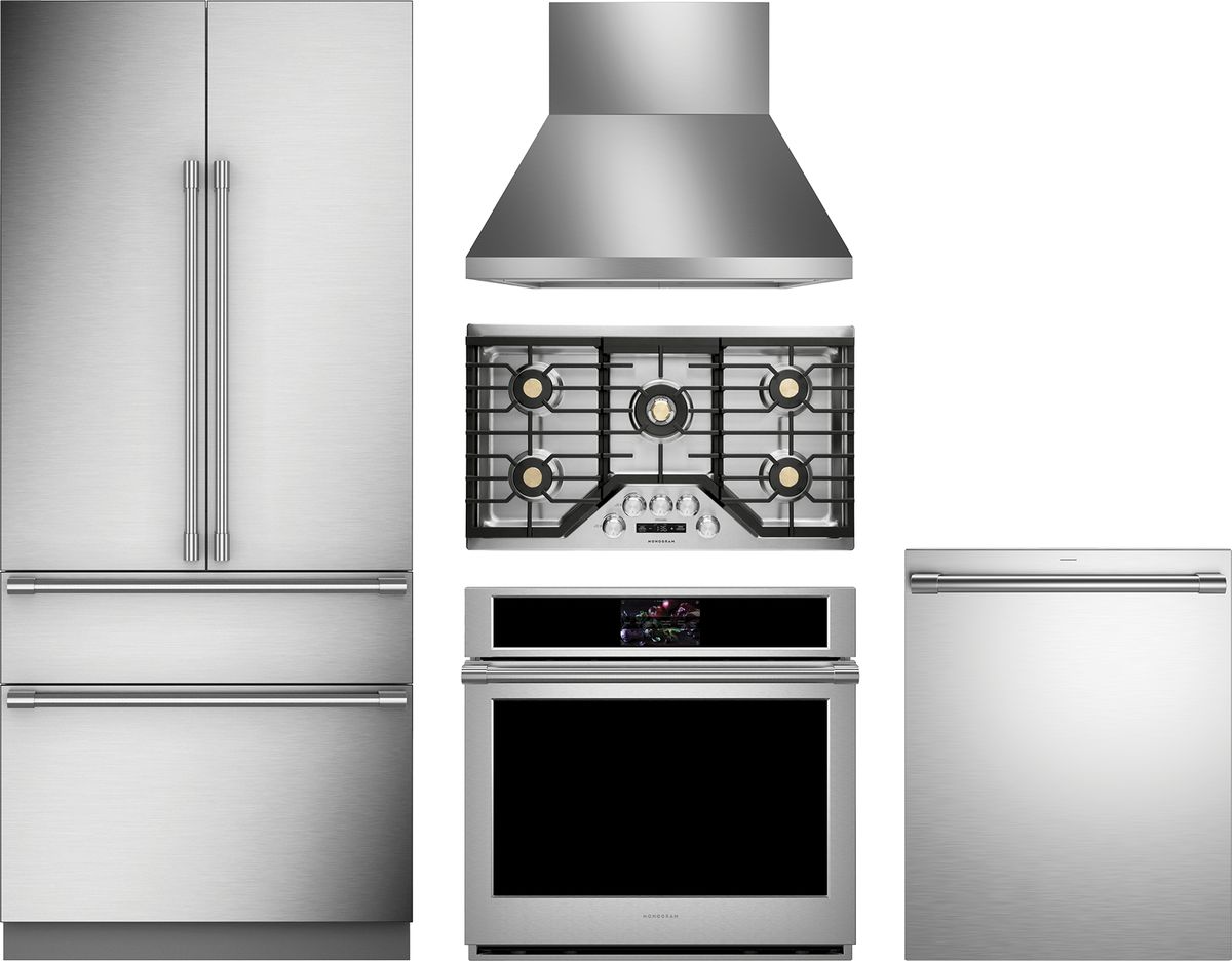 5 Piece Stainless Steel Kitchen Package with 36" Counter Depth French Door Refrigerator, 36" Gas Cooktop, 30" 5 cu. ft. Electric Single Wall Oven, 24" Fully Integrated Dishwasher and 36" Wall-Mount Hood