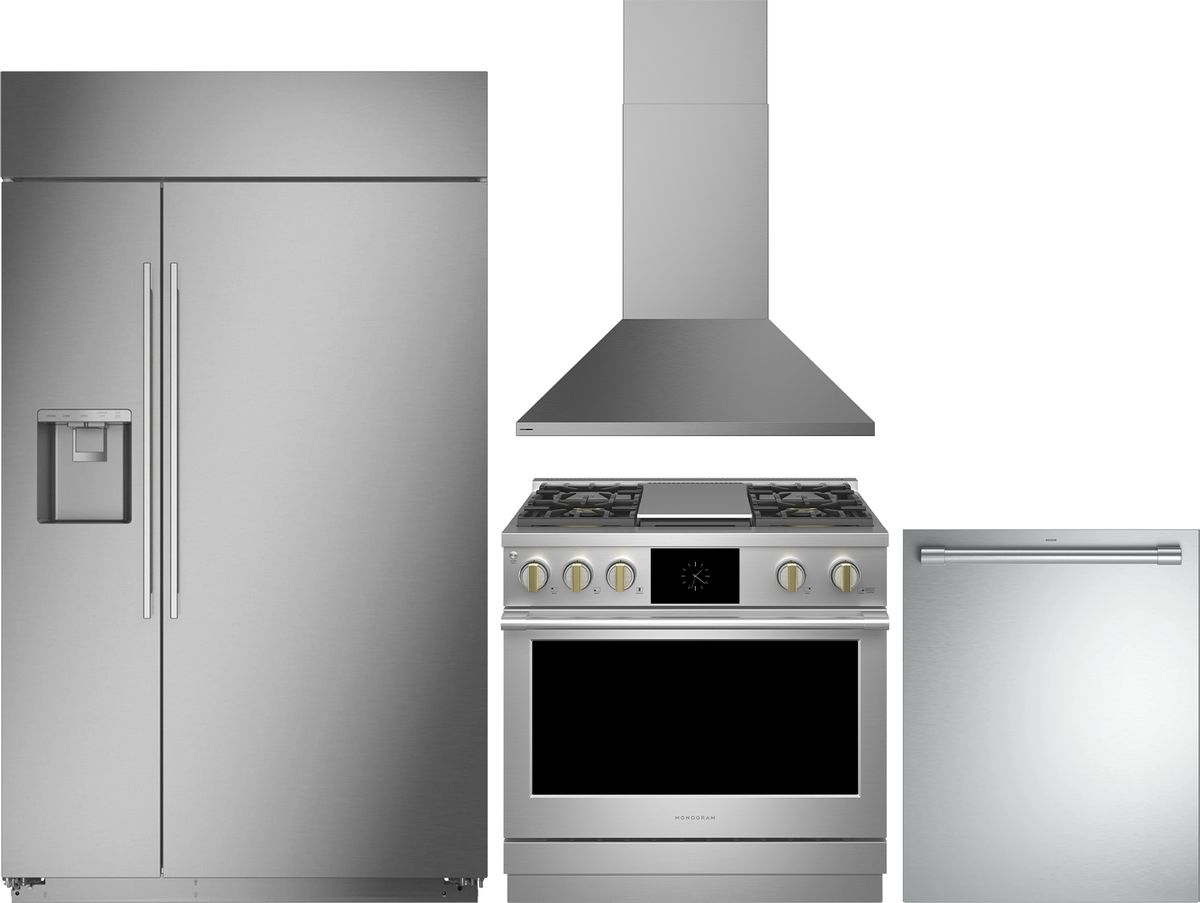 4 Piece Stainless Steel Kitchen Package with 48" Counter Depth Side-by-Side Refrigerator, 36" Dual Fuel Range, 24" Fully Integrated Dishwasher and 36" Chimney Hood