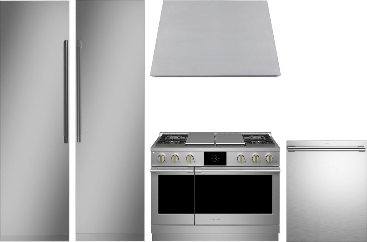 5 Piece Minimalist Collection Stainless Steel Kitchen Package with 24" Counter Depth Column Refrigerator, 24" Freezer, 48" Dual Fuel Range, 24" Fully Integrated Dishwasher and 48" Wall-Mount Hood