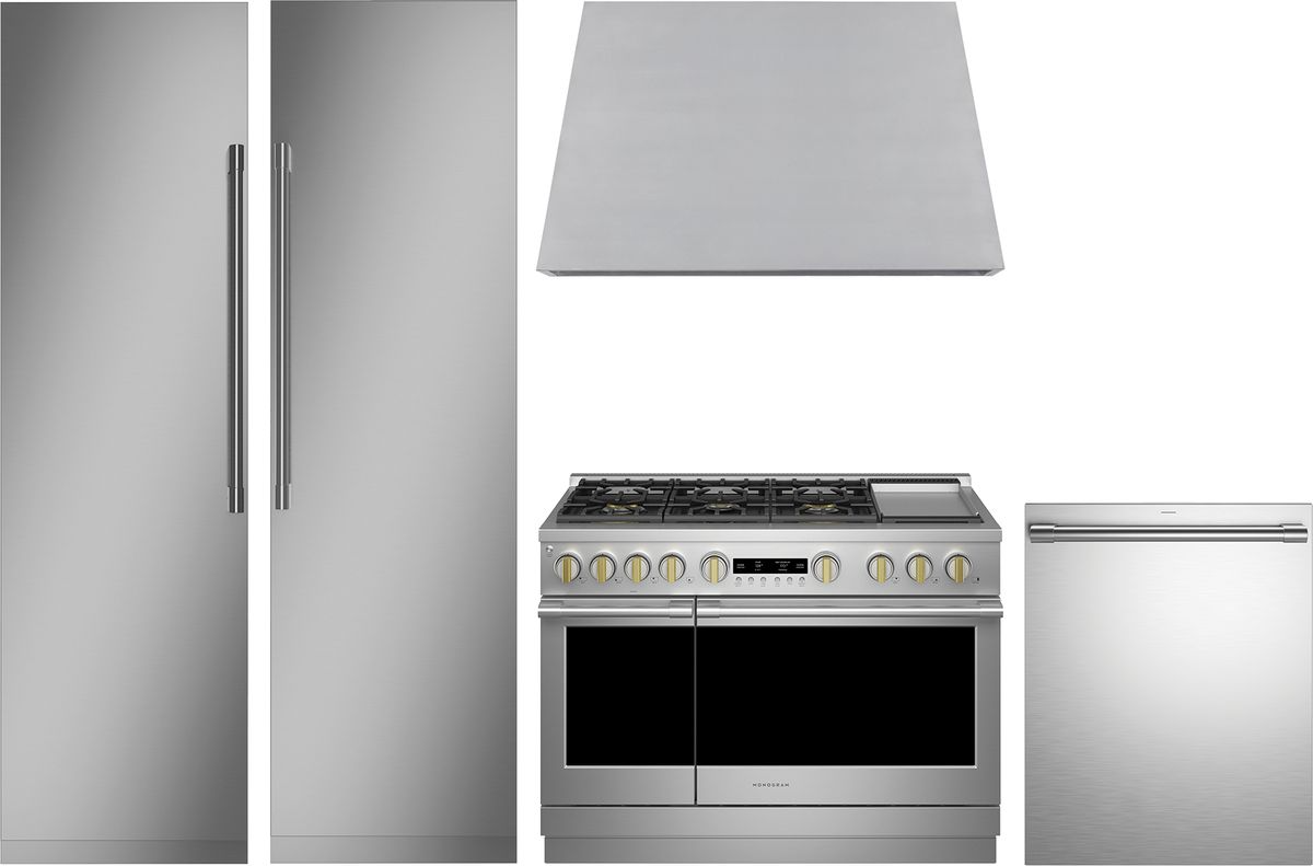 5 Piece Minimalist Collection Stainless Steel Kitchen Package with 24" Counter Depth Column Refrigerator, 24" Freezer, 48" Dual Fuel Range, 24" Fully Integrated Dishwasher and 48" Wall-Mount Hood
