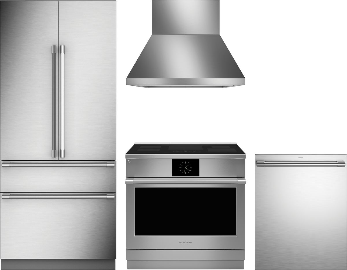4 Piece Minimalist Collection Stainless Steel Kitchen Package with 36" Counter Depth French Door Refrigerator, 36" Slide-In Induction Range, 24" Fully Integrated Dishwasher and 36" Wall-Mount Hood