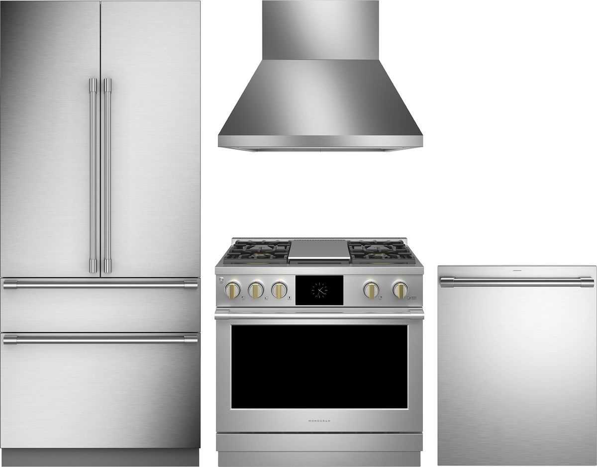 4 Piece Minimalist Collection Stainless Steel Kitchen Package with 36" Counter Depth French Door Refrigerator, 36" Dual Fuel Range, 24" Fully Integrated Dishwasher and 36" Wall-Mount Hood