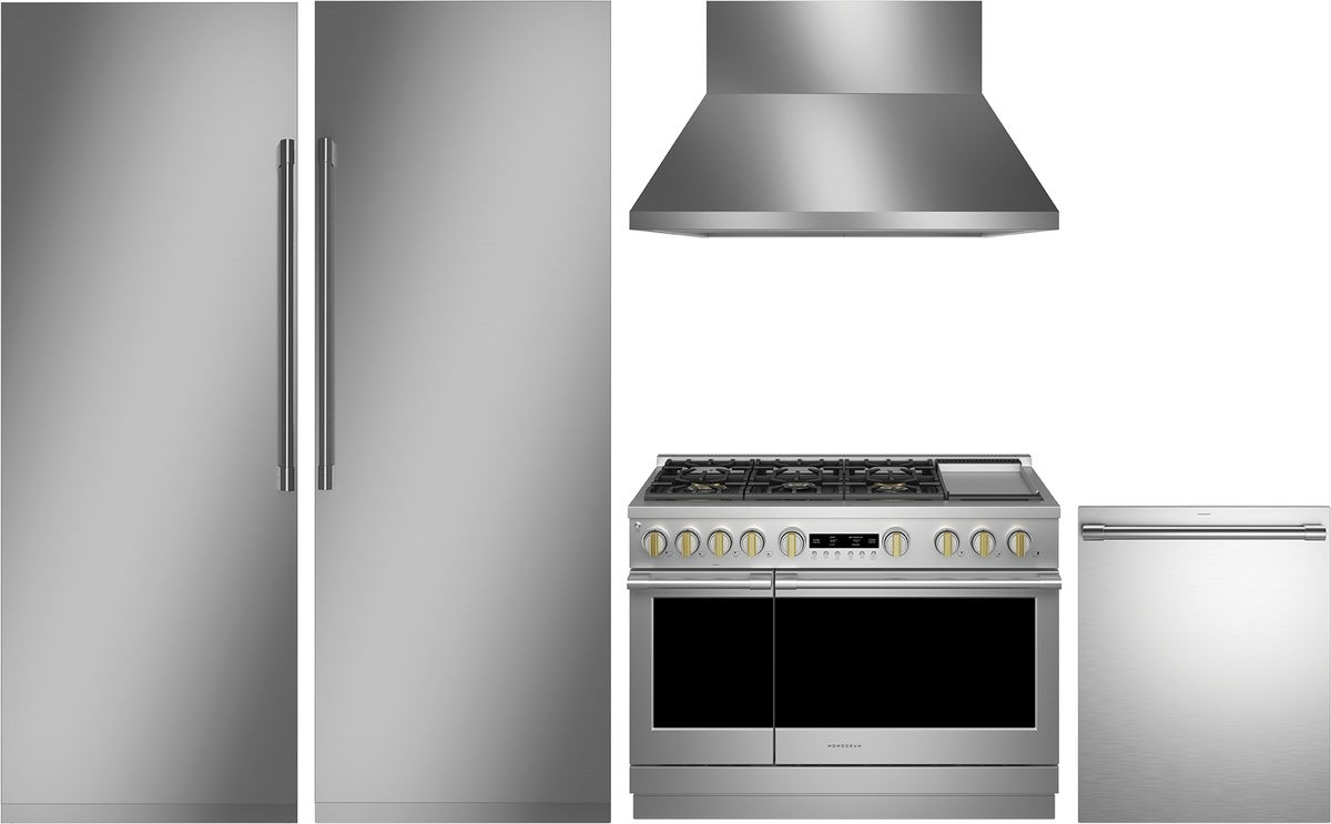 5 Piece Minimalist Collection Stainless Steel Kitchen Package with 30" Counter Depth Column Refrigerator, 30" Freezer, 48" Dual Fuel Range, 24" Fully Integrated Dishwasher and 48" Wall-Mount Hood