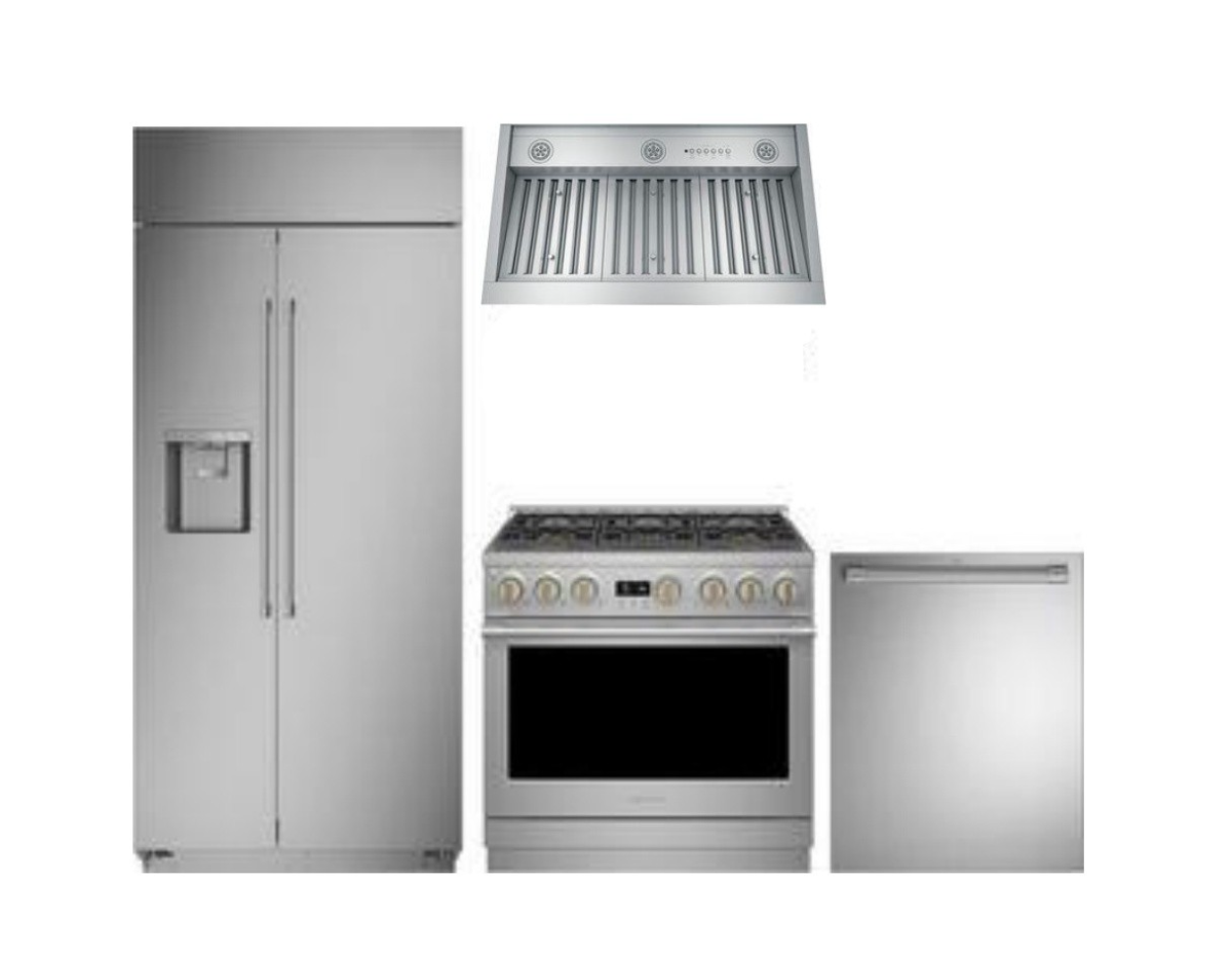 4 Piece Professional Collection Stainless Steel Kitchen Package with 42" Counter Depth Side-by-Side Refrigerator, 36" Dual Fuel Range, 24" Fully Integrated Dishwasher and 35" Insert Hood