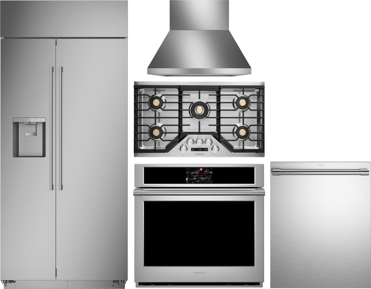 5 Piece Stainless Steel Kitchen Package with 36" Counter Depth Side-by-Side Refrigerator, 36" Gas Cooktop, 30" 5 cu. ft. Electric Single Wall Oven, 24" Fully Integrated Dishwasher and 36" Wall-Mount Hood
