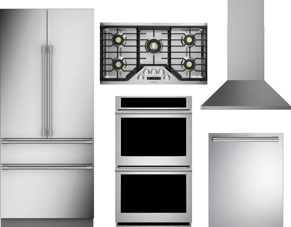 5 Piece Stainless Steel Kitchen Package with 36" Counter Depth French Door Refrigerator, 36" Gas Cooktop, 30" 10 cu. ft. Electric Double Wall Oven, 24" Fully Integrated Dishwasher and 36" Chimney Hood