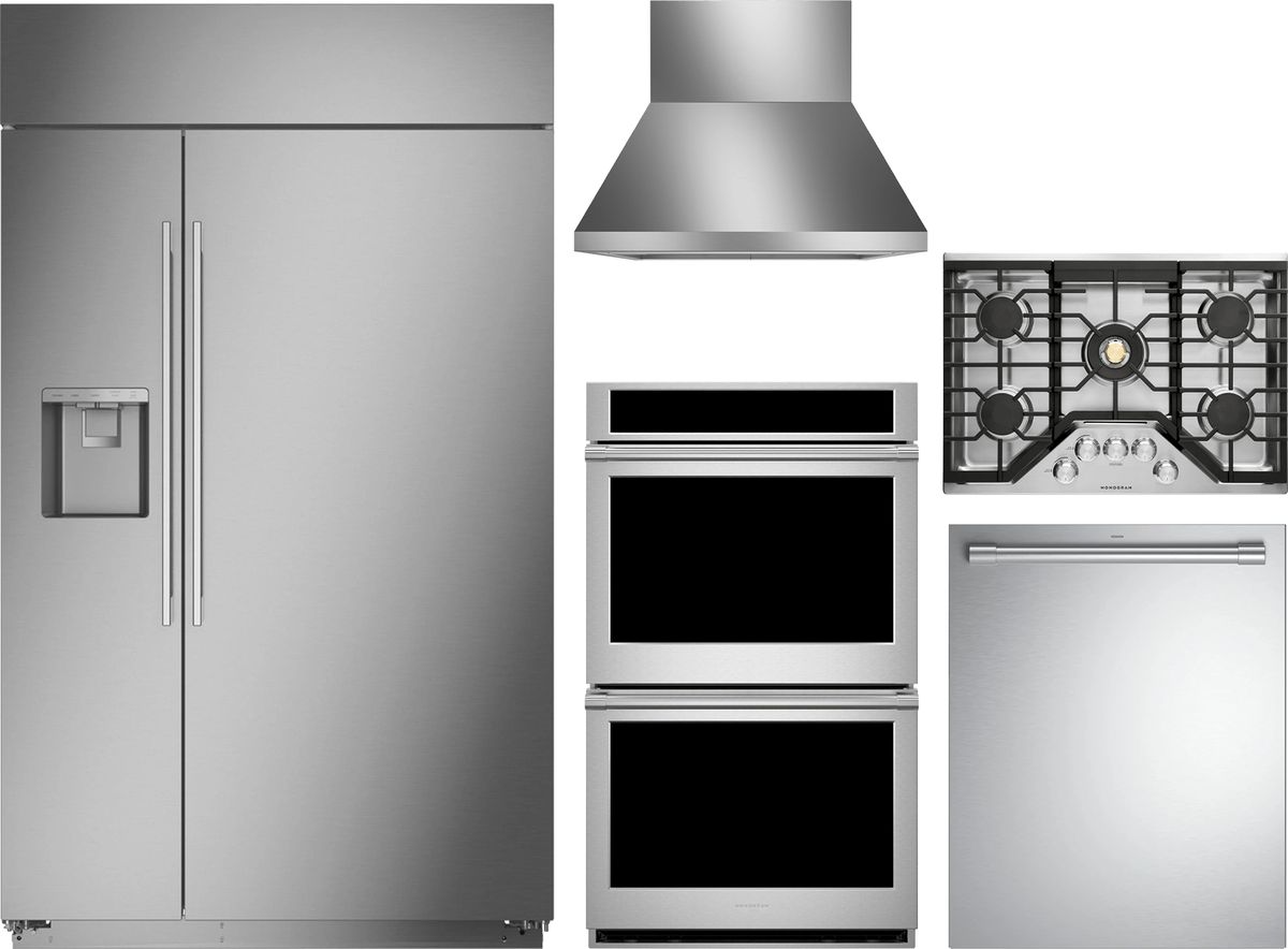 5 Piece Stainless Steel Kitchen Package with 48" Counter Depth Side-by-Side Refrigerator, 30" Gas Cooktop, 30" 5 cu. ft. Electric Single Wall Oven, 24" Fully Integrated Dishwasher and 36" Wall-Mount Hood